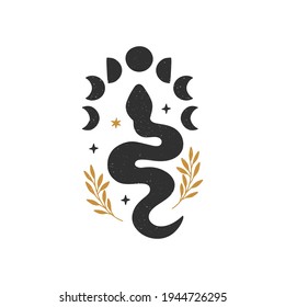 Mystical floral snake. Black celestial animal vector illustration. Hand drawn esoteric concept with moon phases, brunch. Boho modern poster, card, magical, t-shirt print. Simple feminine logo.