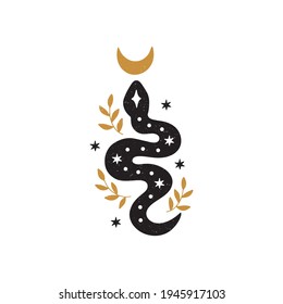 Mystical floral snake. Black celestial animal vector illustration. Hand drawn esoteric concept with crescent moon, gold brunch, stars. Boho modern poster, card, magical t-shirt print. Simple feminine 