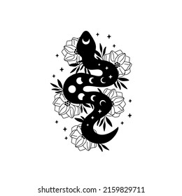 Mystical floral snake vector illustration. Celestial black silhouette serpent with moon phase and flowers isolated on white. Boho animal design for logo, card, poster, t shirt print, tattoo.
