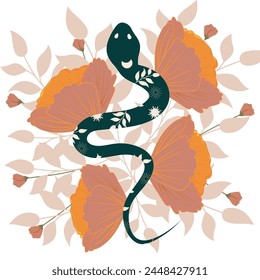 Ilustración vectorial de serpiente mística floral. Serpiente de silueta celeste con fase lunar y flores aisladas en blanco. Diseño Boho contemporáneo animal para logotipo, tarjeta, póster, impresión de la camiseta, tatuaje