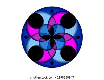 Mystical flower of fortune, colorful icon, sacred geometry, round logo template, geometric intersection of circles, vector illustration isolated on white background