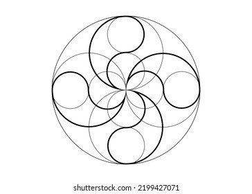 Mystical flower of fortune, four-leaf clover icon, sacred geometry, round logo tattoo in black line art style, geometric intersection of circles, vector illustration isolated on white background