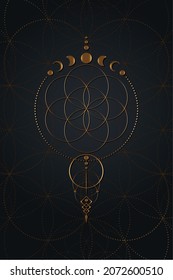 Mystical flower of life and Moon Phases, Sacred geometry. Gold Seed of life. Pagan Wiccan goddess symbol, old golden wicca banner sign, energy circles, boho style vector isolated on black background