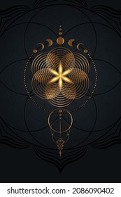 Flor mística de la vida y Fases de la Luna, geometría sagrada. Semilla de oro de la vida. Símbolo de la diosa pagana Wiccan, viejo cartel dorado de wicca, círculos de energía, vector estilo boho aislado en fondo negro