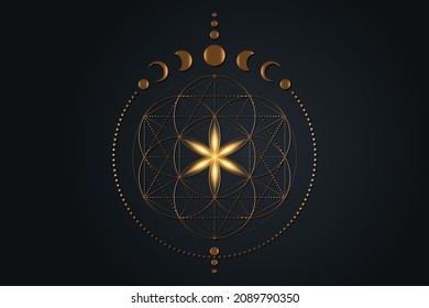 Mystical Flower Of Life And Moon Phases, Sacred Geometry. Gold Seed Of Life. Pagan Wiccan Goddess Symbol, Old Golden Wicca Banner Sign, Energy Circles, Boho Style Vector Isolated On Black Background