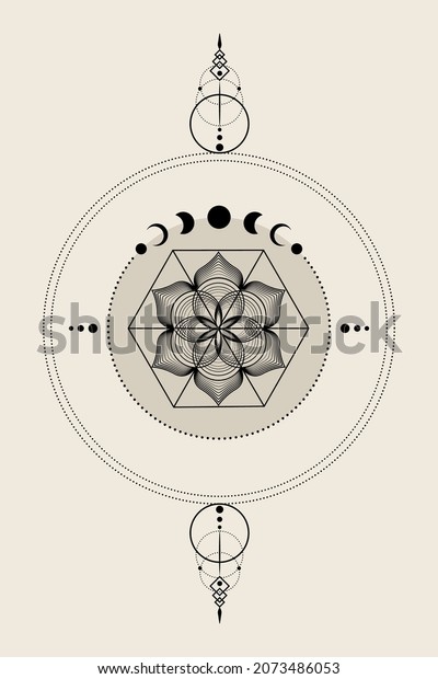 Mystical flower of life and Moon Phases, Sacred\
geometry. Dream catcher, Seed of life. Pagan Wiccan goddess symbol,\
wicca banner hexagonal sign, energy circles, boho style old vintage\
vector isolated 