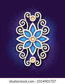 Mystical Flower with Scrollworks, Deco Element. Aesthetic Object with Oriental Stylization. Futuristic Abstract Concept. Textured Fantasy Background. Vector 3d Illustration