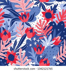Mystical flowers in outer space. vector hand drawn seamless pattern. Floral print design for fabrics, wallpapers and wrap paper.