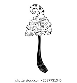 A mystical fly agaric mushroom illustrated in a lovely black-and-white doodle style.