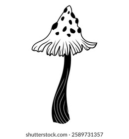 A mystical fly agaric mushroom illustrated in a lovely black-and-white doodle style.