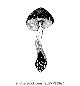 A mystical fly agaric mushroom illustrated in a lovely black-and-white doodle style.