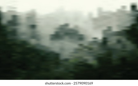 Mystical Forest Canopy, A hazy view of towering trees veiled in a soft, diffused mist, evoking a sense of quiet serenity and the depths of nature,