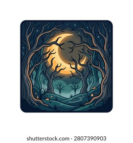 A mystical forest clearing illuminated by a large crescent moon, with gnarled, bare trees framing the view.
