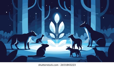 Mystical Forest Gathering of Wolves Around a Luminous Plant in the Dark