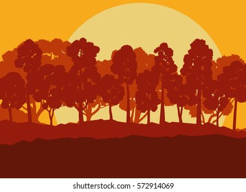 Mystical forest landscape sunset vector background vintage and retro colors