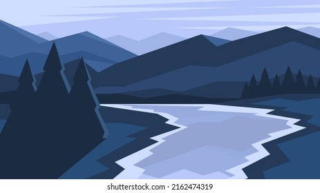 Mystical forest and long river horizontal night landscape. Flat illustration of natural scene.