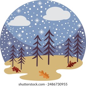 Mystical forest with snowing night sky