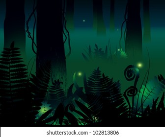 Mystical forest. The vector illustration of mythical forest in the night.