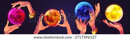 Mystical fortune ball magic orbs with glowing energy - hands holding crystal spheres with swirling cosmic patterns for divination or spellcasting. Fantasy game assets for wizard or supernatural power