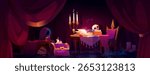 Mystical fortune teller room scene - dark purple interior with candelabra, open spellbook on draped table, treasure chest, crystal ball and magical curtains for psychic reading or wizard background.
