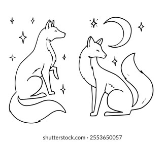 Mystical Fox Vector Line Art with Moon and Stars