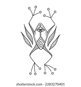 Mystical frog with seeing eye surrounded by leaves. Hand drawn magical doodle element for spiritual design. Line art. Vector illustration isolated on white background.
