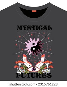 Mystical Future slogan with ying yang, mushrooms and flowers. Hippie style groovy vibes