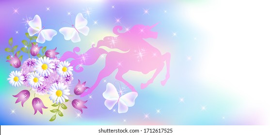 Mystical galloping unicorn with luxurious winding mane against the background of the iridescent universe with sparkling stars and spring flowers.