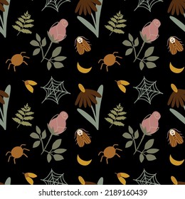 Mystical garden pattern. Dark night garden floral pattern, Halloween poster with mystical element moth spider roses, spider net. Witchcraft background. Floral spiritual wallpaper. Vector Illustration