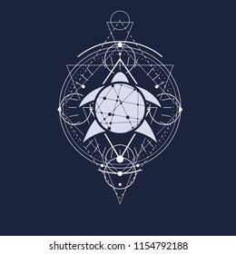 Mystical geometry symbol. Linear alchemy, occult, philosophical sign. Low poly turtle icon. For music album cover, poster, sacramental design. Astrology and religion concept.
