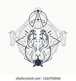 Mystical geometry symbol. Linear alchemy, occult, philosophical sign. Low poly raven, turtle and orangutan head. For music album cover, poster, sacramental design. Astrology and religion concept.