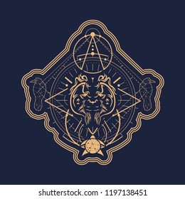 Mystical geometry symbol. Linear alchemy, occult, philosophical sign. Low poly raven, turtle and orangutan head. For music album cover, poster, sacramental design. Astrology and religion concept.