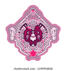 Mystical geometry symbol. Linear alchemy, occult, philosophical sign. Low poly raven, turtle and orangutan head. For music album cover, poster, sacramental design. Astrology and religion concept.