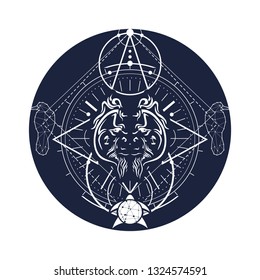 Mystical geometry symbol. Linear alchemy, occult, philosophical sign. Low poly raven, turtle and orangutan head. For music album cover, poster, sacramental design. Astrology and religion concept.