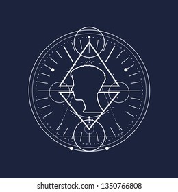 Mystical geometry symbol. Linear alchemy, occult, philosophical sign. For music album cover, poster, sacramental design. Astrology and religion concept. Outline silhouette of human head