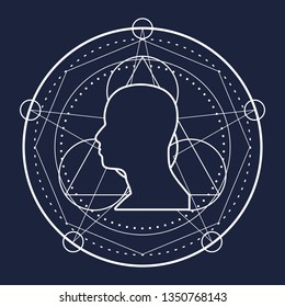 Mystical geometry symbol. Linear alchemy, occult, philosophical sign. For music album cover, poster, sacramental design. Astrology and religion concept. Outline silhouette of human head