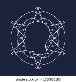 Mystical geometry symbol. Linear alchemy, occult, philosophical sign. For music album cover, poster, sacramental design. Astrology and religion concept. Outline silhouette of human head