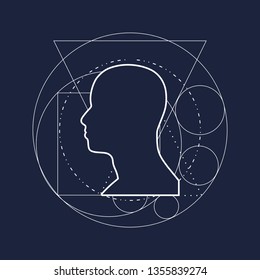 Mystical geometry symbol. Linear alchemy, occult, philosophical sign. For music album cover, poster, sacramental design. Astrology and religion concept. Outline silhouette of human head