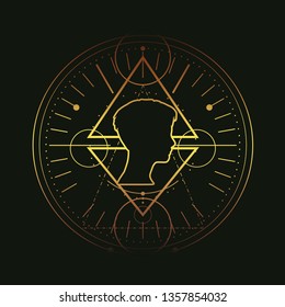 Mystical geometry symbol. Linear alchemy, occult, philosophical sign. For music album cover, poster, sacramental design. Astrology and religion concept. Outline silhouette of human head