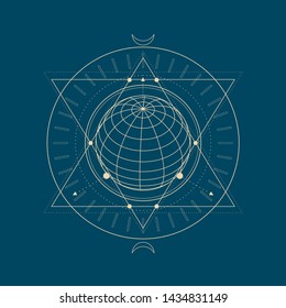 Mystical geometry symbol. Linear alchemy, occult, philosophical sign. For music album cover, poster, sacramental design. Astrology and religion concept.