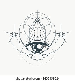 Mystical geometry symbol. Linear alchemy, occult, philosophical sign. For music album cover, poster, sacramental design. Astrology and religion concept.