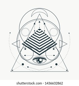 Mystical geometry symbol. Linear alchemy, occult, philosophical sign. For music album cover, poster, sacramental design. Astrology and religion concept.