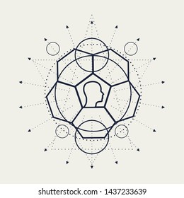 Mystical geometry symbol. Linear alchemy, occult, philosophical sign. For music album cover, poster, sacramental design. Astrology and religion concept. Outline silhouette of human head