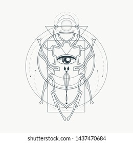 Mystical geometry symbol. Linear alchemy, occult, philosophical sign. For music album cover, poster, sacramental design. Astrology and religion concept. Beetle icon