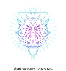 Mystical geometry symbol. Linear alchemy, occult, philosophical sign. For music album cover, poster, sacramental design. Astrology and religion concept. Butterfly outline icon