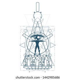 Mystical geometry symbol. Linear alchemy, occult, philosophical sign. For music album cover, poster, sacramental design. Astrology and religion concept.