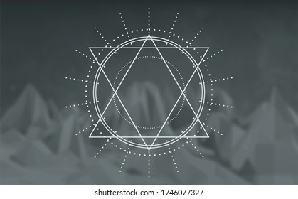 Mystical geometry symbol. Linear alchemy, occult, philosophical sign. For music album cover, poster, sacramental design. Astrology and religion concept. Low poly mountains landscape backdround.