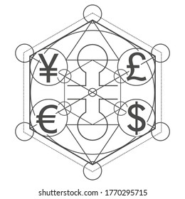 Mystical geometry symbol. Linear alchemy, occult, philosophical sign with currency simbols