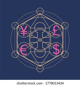 Mystical geometry symbol. Linear alchemy, occult, philosophical sign with currency simbols