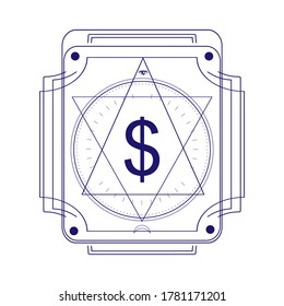 Mystical geometry symbol. Linear alchemy, occult, philosophical sign with dollar currency simbol